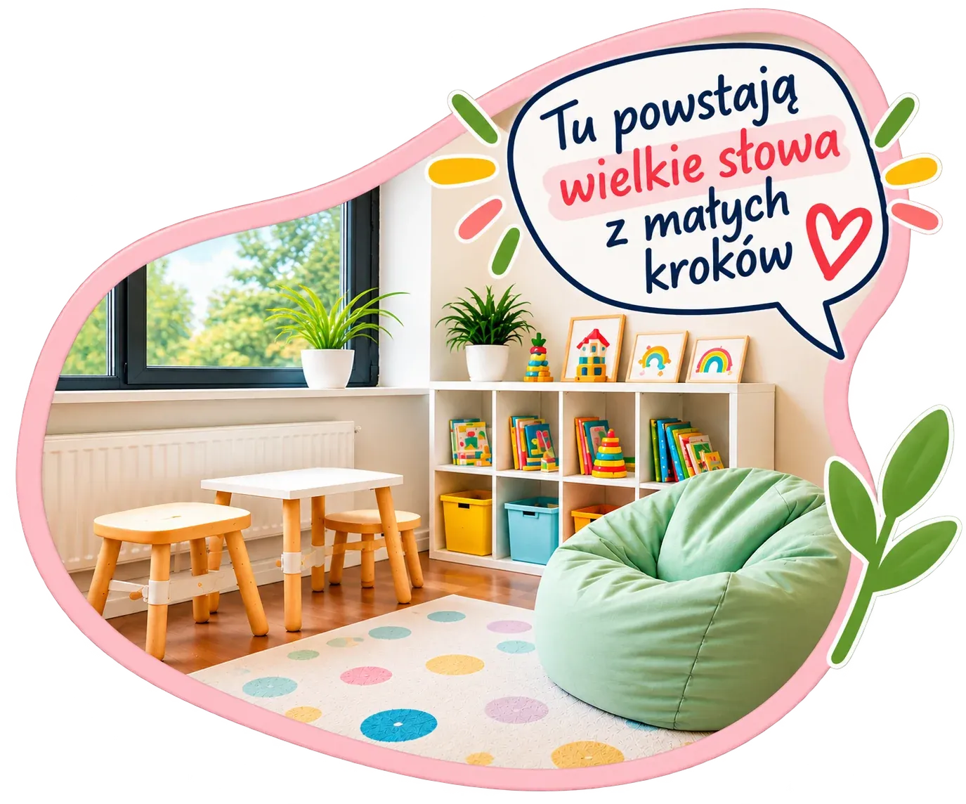 Kącik gabinetu z puf-workiem i regałem; w dymku napis „Tu powstają wielkie słowa z małych kroków”