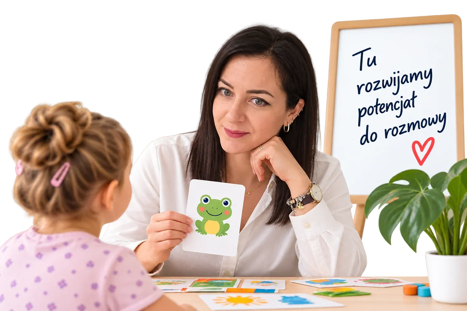 Logopedka pokazuje dziecku kartę z żabką; na tablicy za nią napis „Tu rozwijamy potencjał do rozmowy”